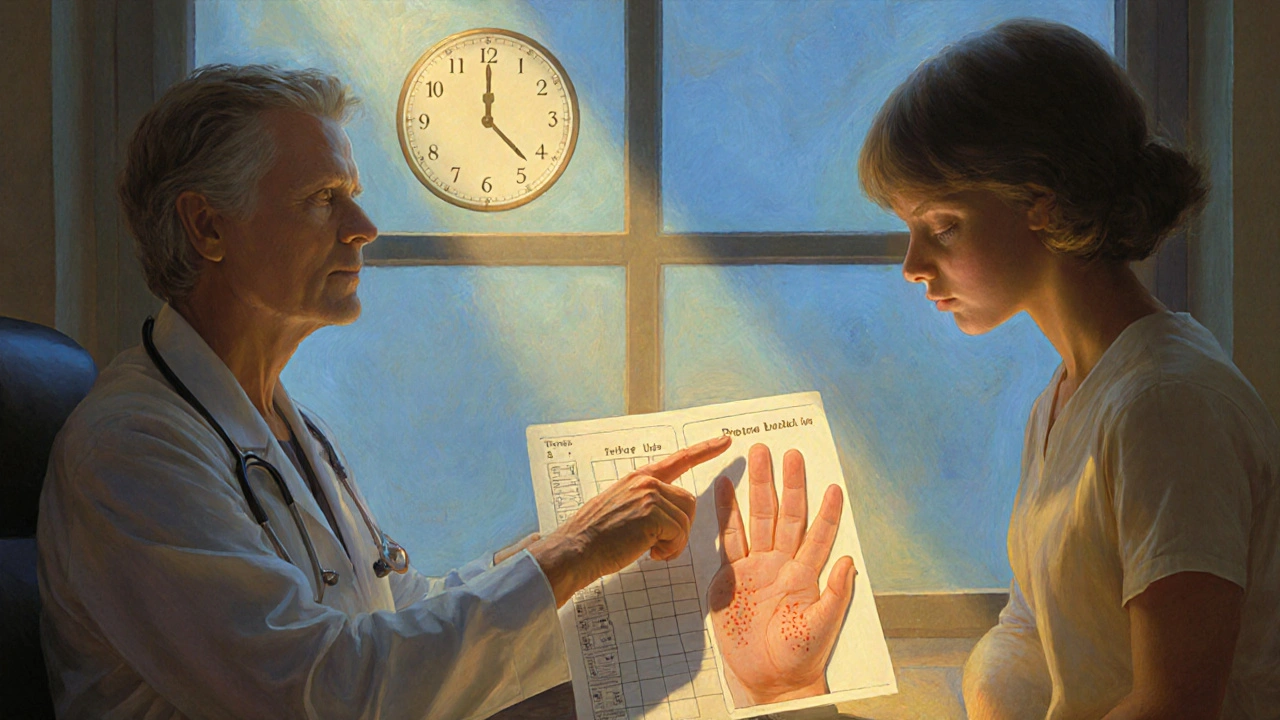 Pediatria in ufficio illuminato da luce solare, medico spiega un'eruzione maculopapulare a una madre preoccupata.