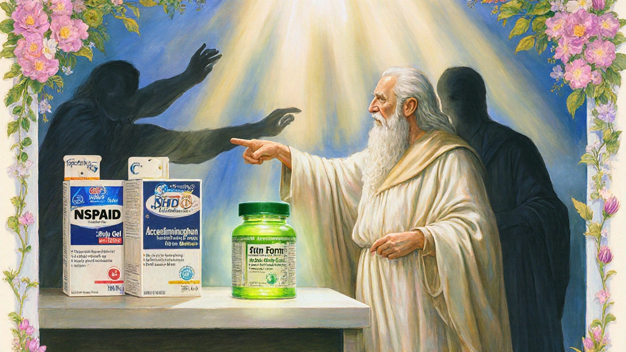 Pharmacy shelf with NSAIDs and safer alternatives, illuminated by divine light as a wise figure guides toward better choices.
