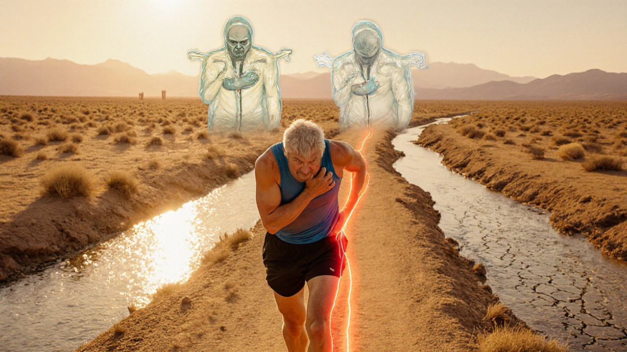 Runner collapsing on a desert marathon trail, with ghostly pills above and contrasting water streams representing kidney stress.