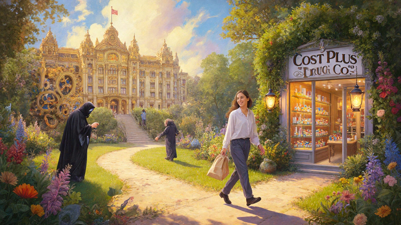 Tre sentieri in un giardino incantato rappresentano scelte diverse per acquistare farmaci: ospedale opaco, farmacia trasparente e paziente sereno.