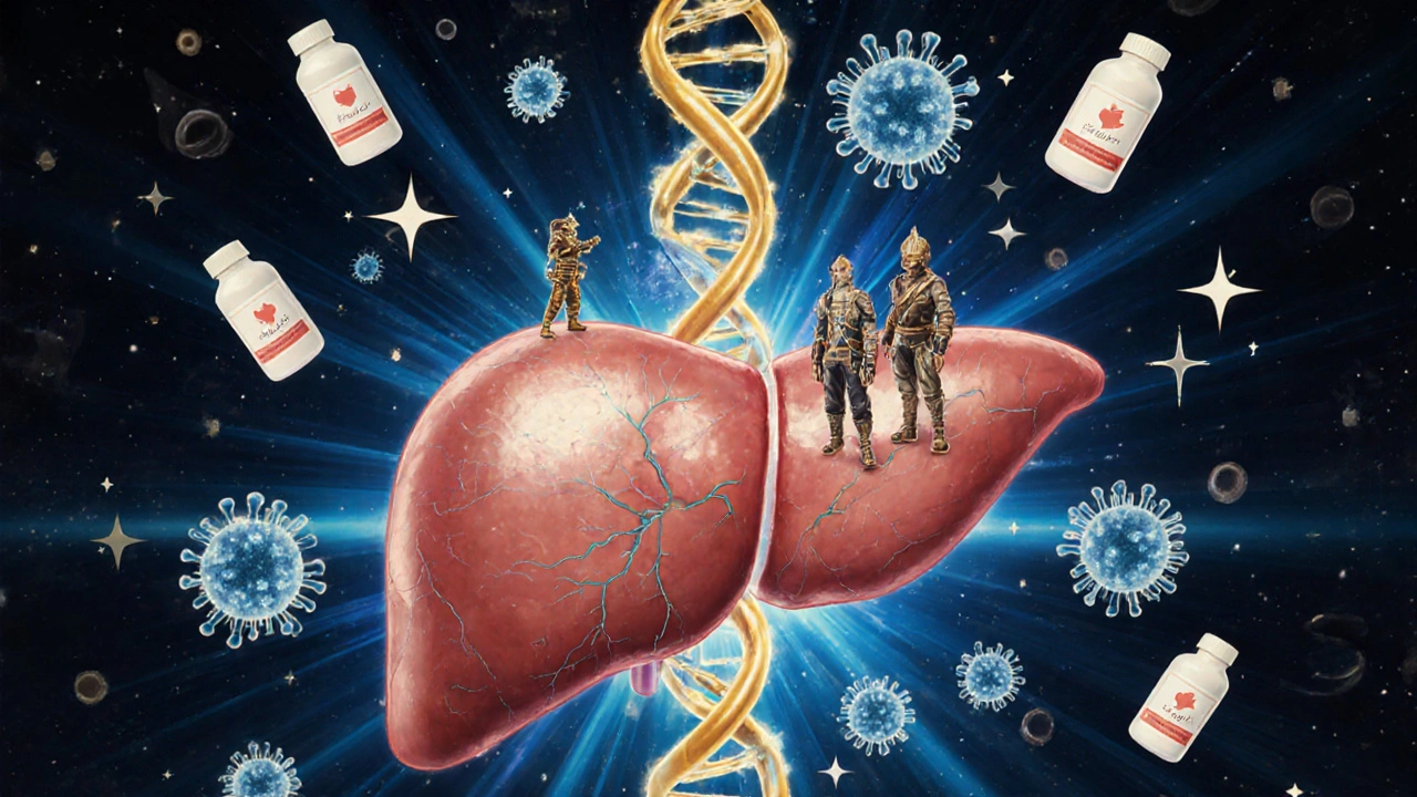 Un&#039;elica di DNA si trasforma in un fegato, con cellule in pace, simboli di farmaci e battiti cardiaci fluttuanti intorno.
