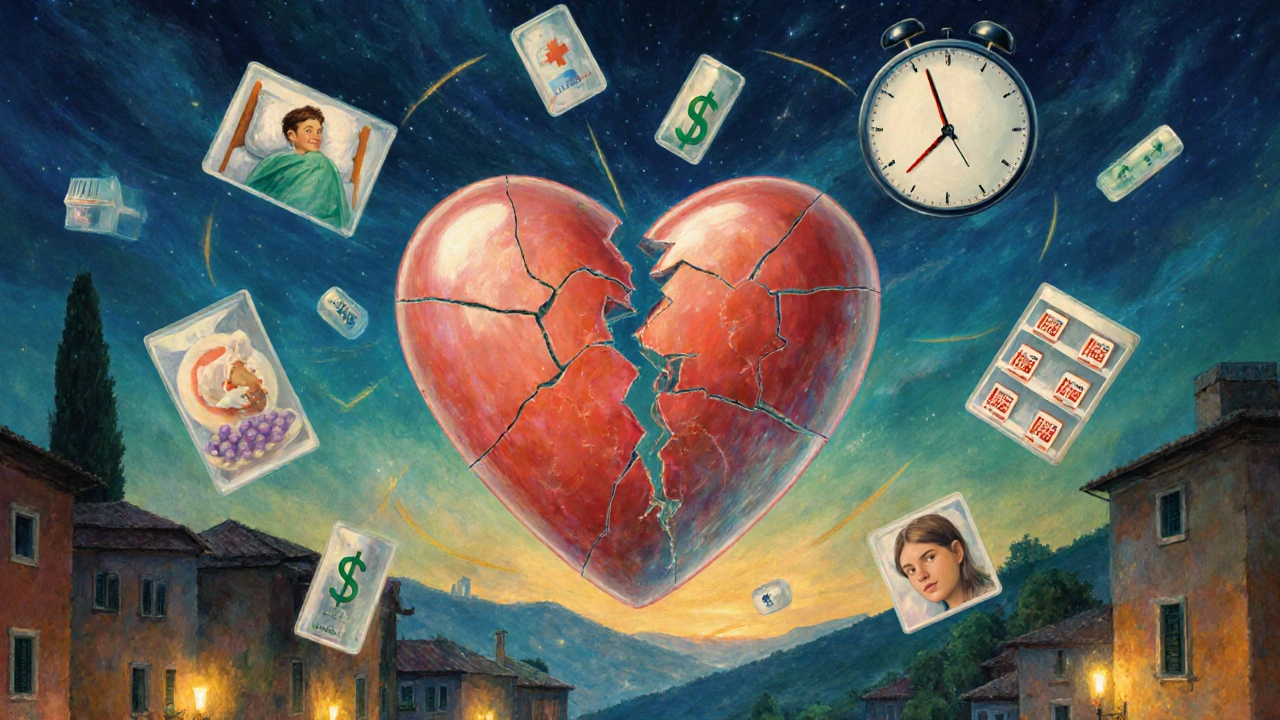 Un cuore di vetro frammentato con farmaci mancanti, circondato da simboli di costo, tempo e sofferenza, in un paesaggio italiano al tramonto.