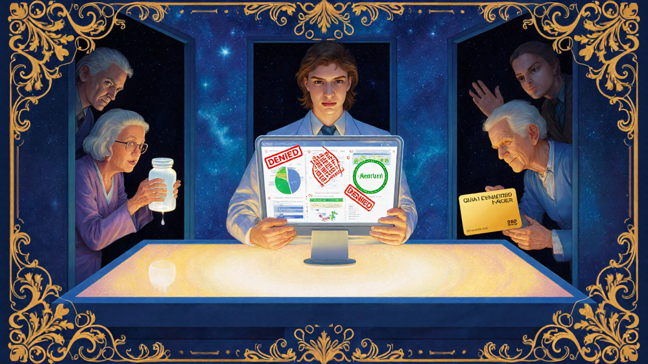 Un farmacista alla scrivania con schermi di approvazione e pazienti che tendono le mani da ombre.