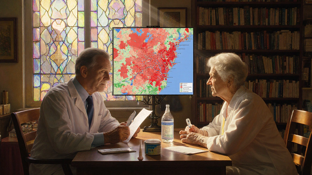 Un farmacista e un&#039;anziana esaminano farmaci e un dispositivo di rischio termico in una farmacia soleggiata.