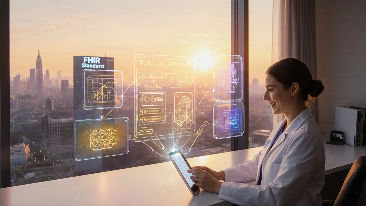 Un hub medico futuristico con intelligenza artificiale e catene di luce che simboleggiano l&#039;approvazione rapida.