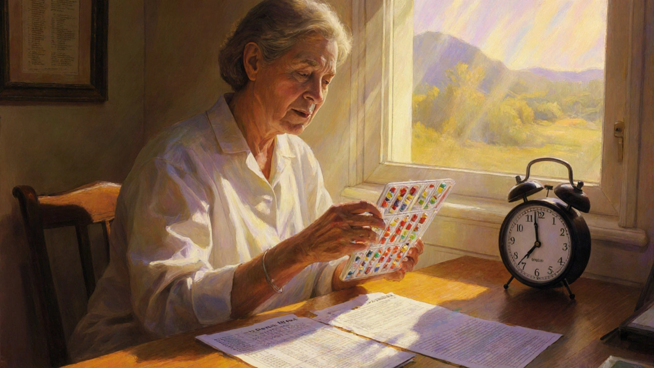 Un paziente osserva un organizzatore settimanale di farmaci al mattino, con risultati di esami e un orologio sul tavolo.