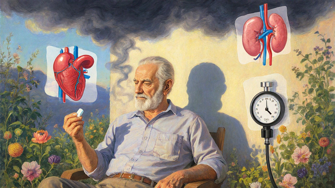 Un uomo anziano in un giardino italiano che tiene un farmaco alternativo a Zestoretic, con ombre simboliche.