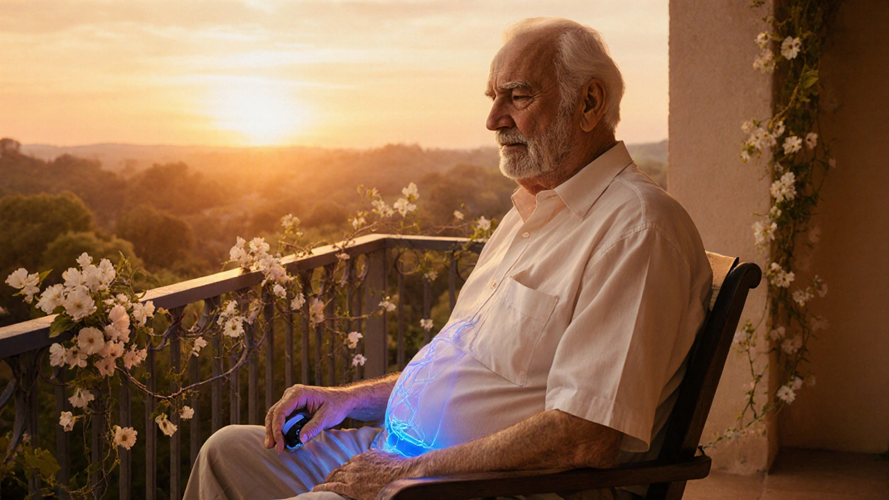 Un uomo anziano siede al tramonto con un dispositivo che emette luce blu, simbolo di controllo ritrovato sulla vescica.