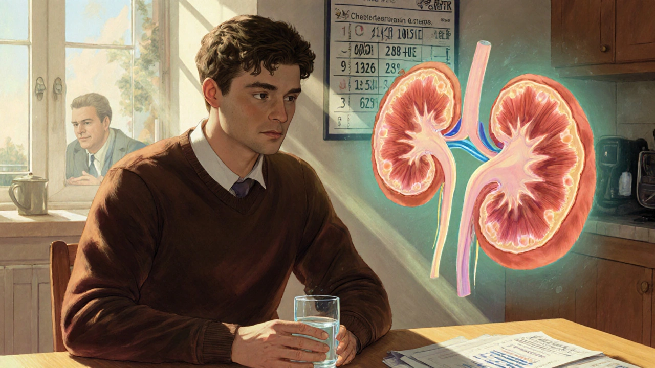 Un uomo italiano che beve acqua mentre un rene fantasma con cisti fluttua accanto a lui, con dati medici nell&#039;aria.