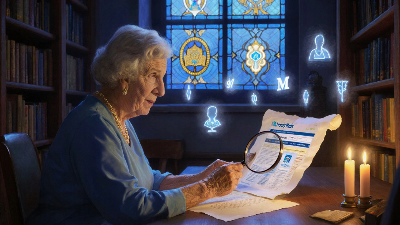 Una donna anziana consulta un sito web su carta, simboli farmaceutici fluttuano intorno a lei.