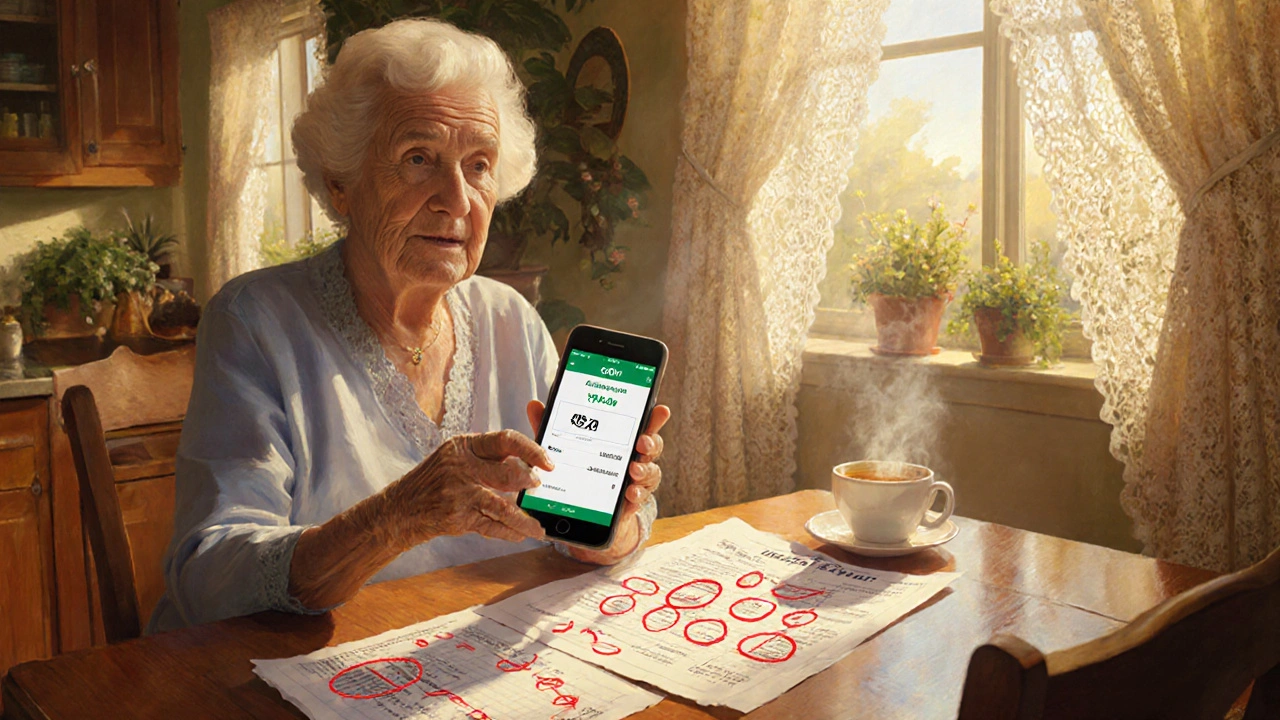 Una donna anziana guarda uno smartphone che mostra un prezzo basso per un farmaco, mentre accanto ha un foglio assicurativo costoso.