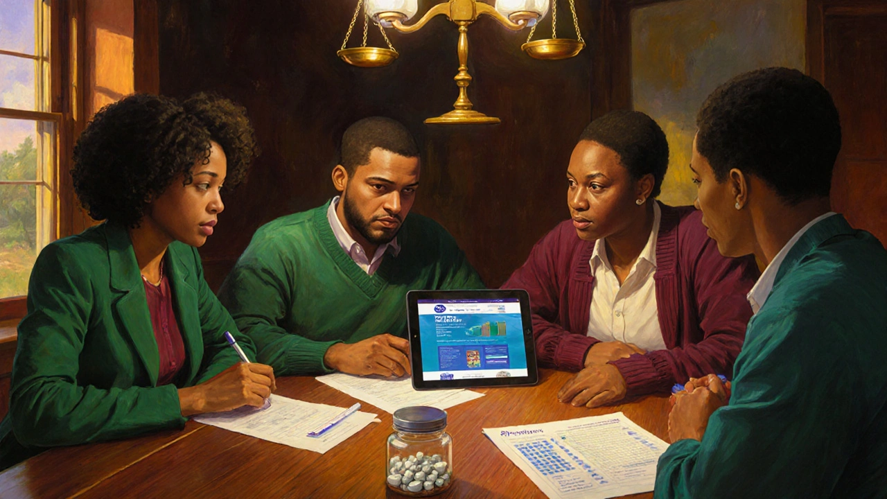 Una famiglia esamina documenti finanziari e un farmaco su un tavolo, con luce calda e dettagli dipinti.
