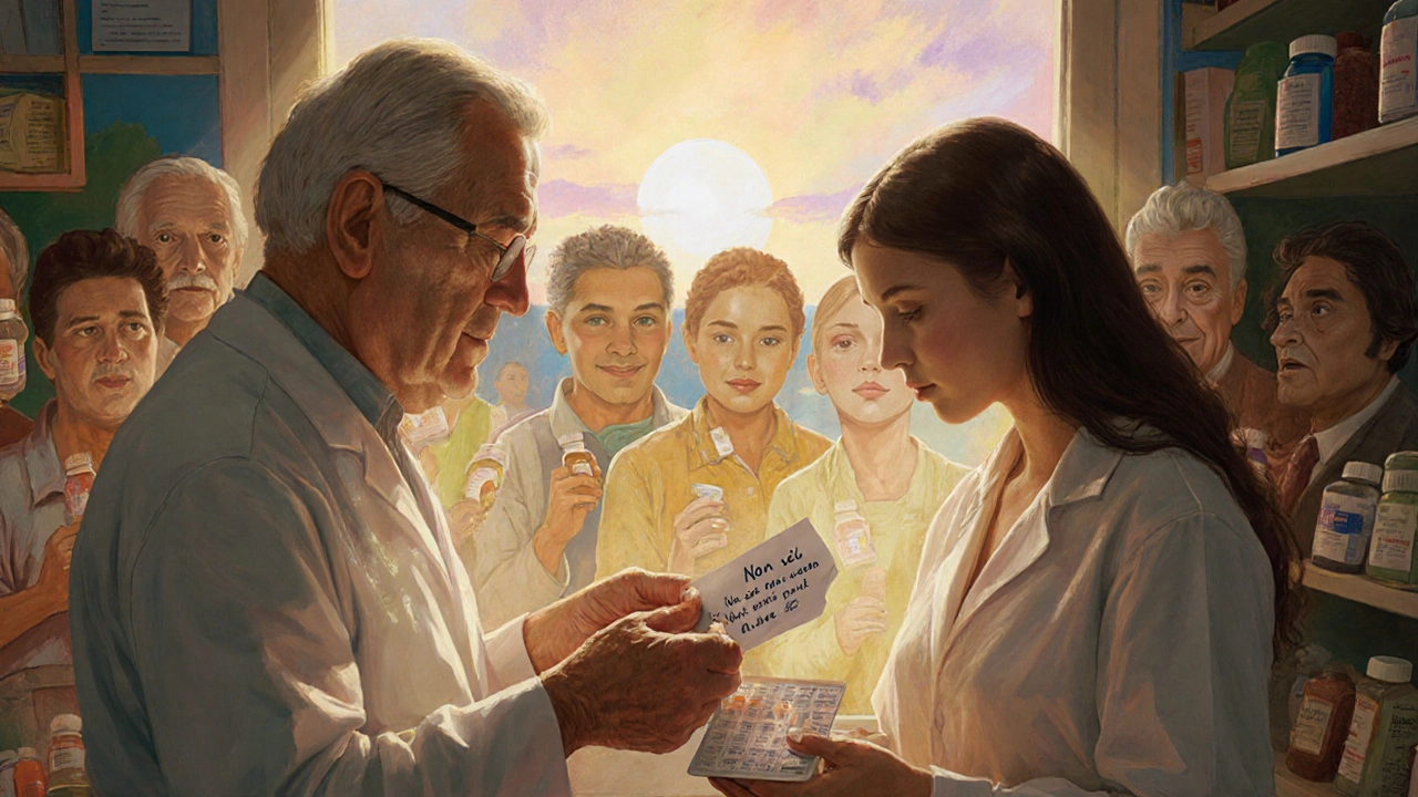 Una farmacista offre un organizer per farmaci a una donna stanca, con luce solare e un messaggio di speranza sullo sfondo di volti diversi.