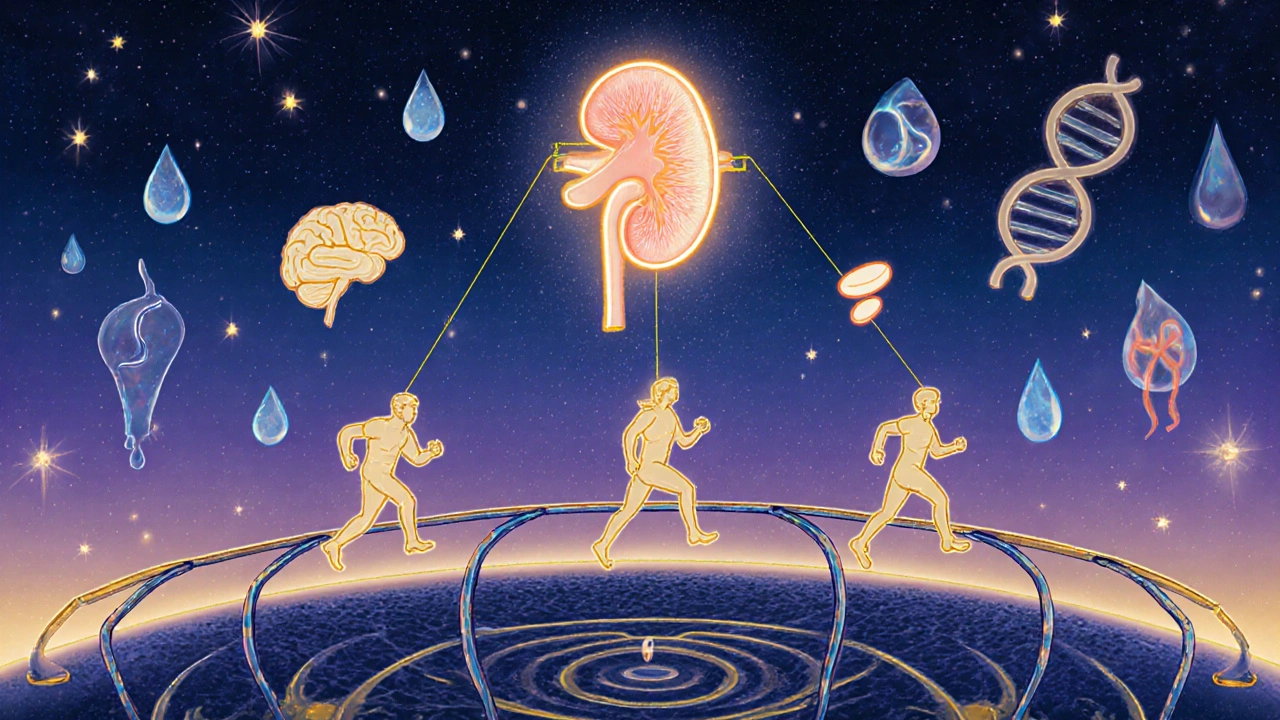 Una lista d&#039;attesa per trapianto renale che si estende nel cielo stellato, con figure collegate a un rene sano da fili d&#039;oro.