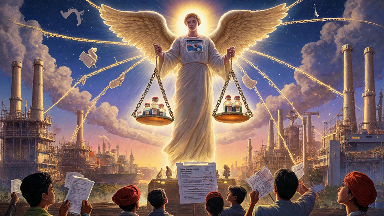 Una rete globale di luce collega fabbriche al porto statunitense, dove un&#039;entità divina bilancia medicinali puri contro documenti falsi.