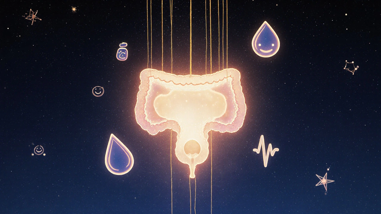 Una vescica luminosa fluttua nello spazio stellato, circondata da simboli di trattamenti medici, rappresentando guarigione e armonia.