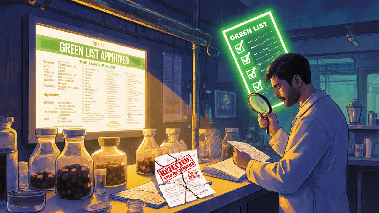 Uno scienziato in un laboratorio indiano controlla un lotto di ingredienti attivi, con un certificato verde che fluttua sopra di lui.