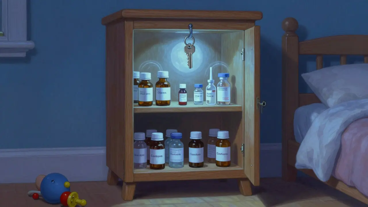 Armadietto chiuso a chiave in camera da letto, illuminato dalla luna, con chiave fuori portata.