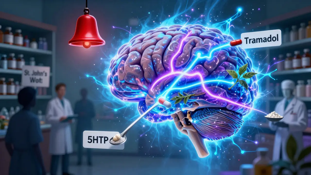 Cervello umano con vie serotonergiche esplose, circondato da farmaci proibiti, in stile Maxfield Parrish.