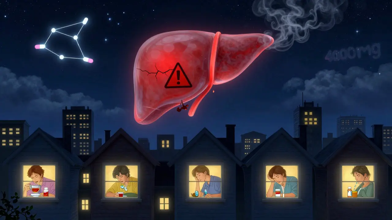 Città notturna con persone che assumono farmaci, mentre un fegato trasparente si deteriora nel cielo.