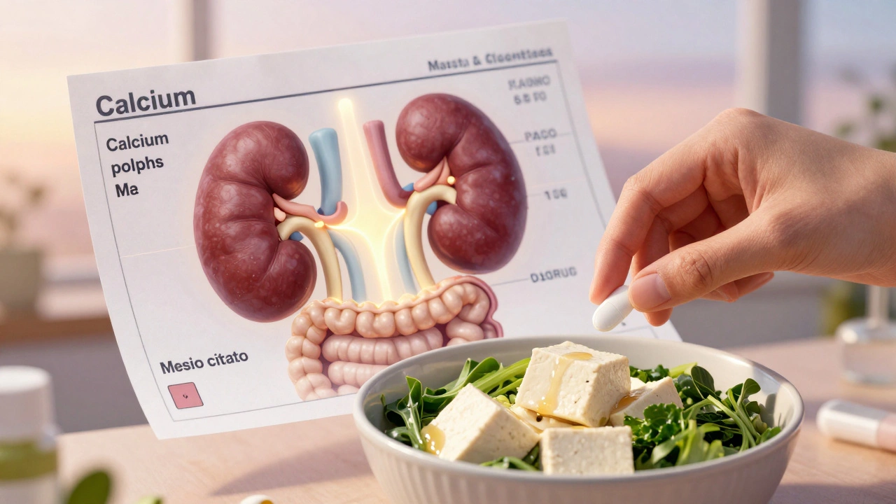Diagramma medico fluttuante con valori di calcio e magnesio, collegati a reni, ossa e intestino in luce soffusa.