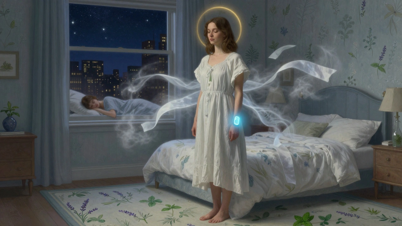 Donna in pigiama di cotone, con un patch luminoso al polso e nebbia rinfrescante che avvolge la stanza.