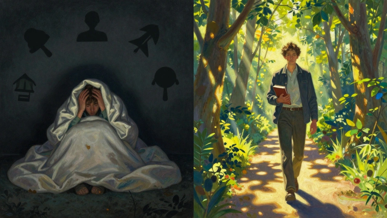 Doppia scena: da stanchezza a camminata serena in un bosco luminoso, simbolo di adattamento alla terapia.