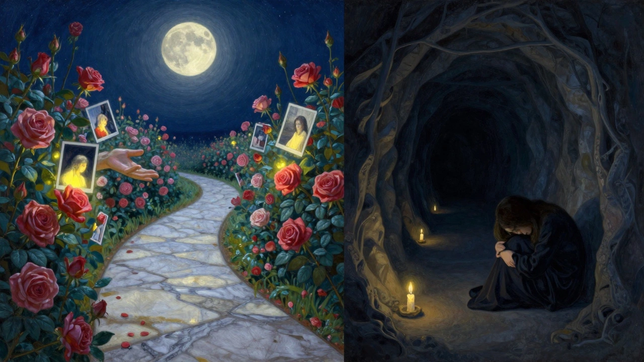 Due sentieri sotto la luna: uno pieno di fiori e mani che confortano, l&#039;altro in una caverna buia, simbolo di guarigione contro l&#039;isolamento.