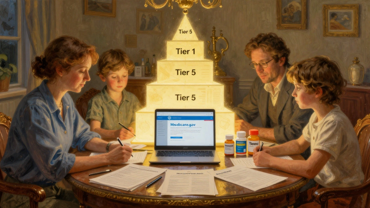 Famiglia che analizza documenti sanitari e farmaci con grafico a livelli illuminato.