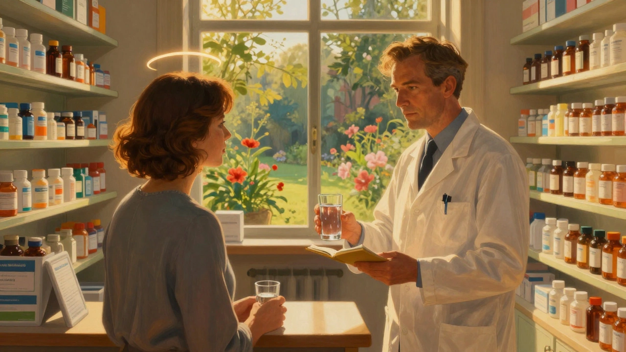 Farmacista che consegna un diario a un paziente in una farmacia illuminata dalla luce dorata.