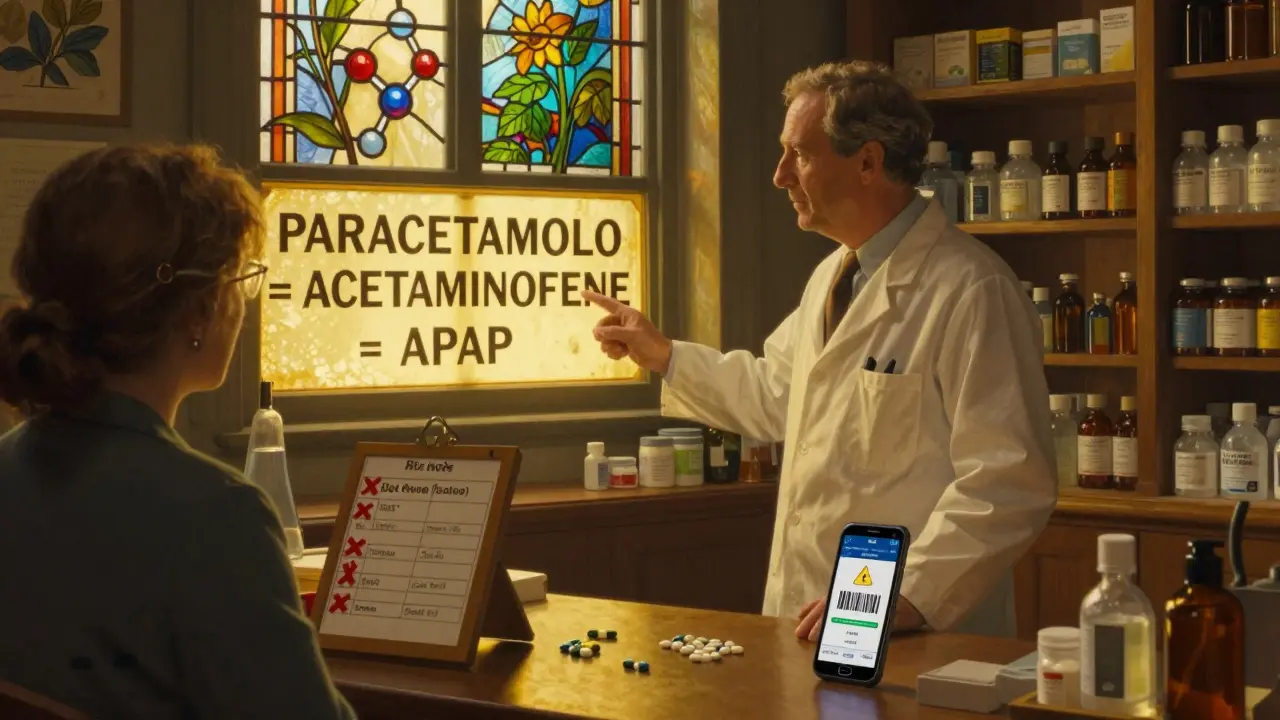 Farmacista che spiega le etichette dei farmaci a un paziente, con luce dorata e dettagli raffinati.