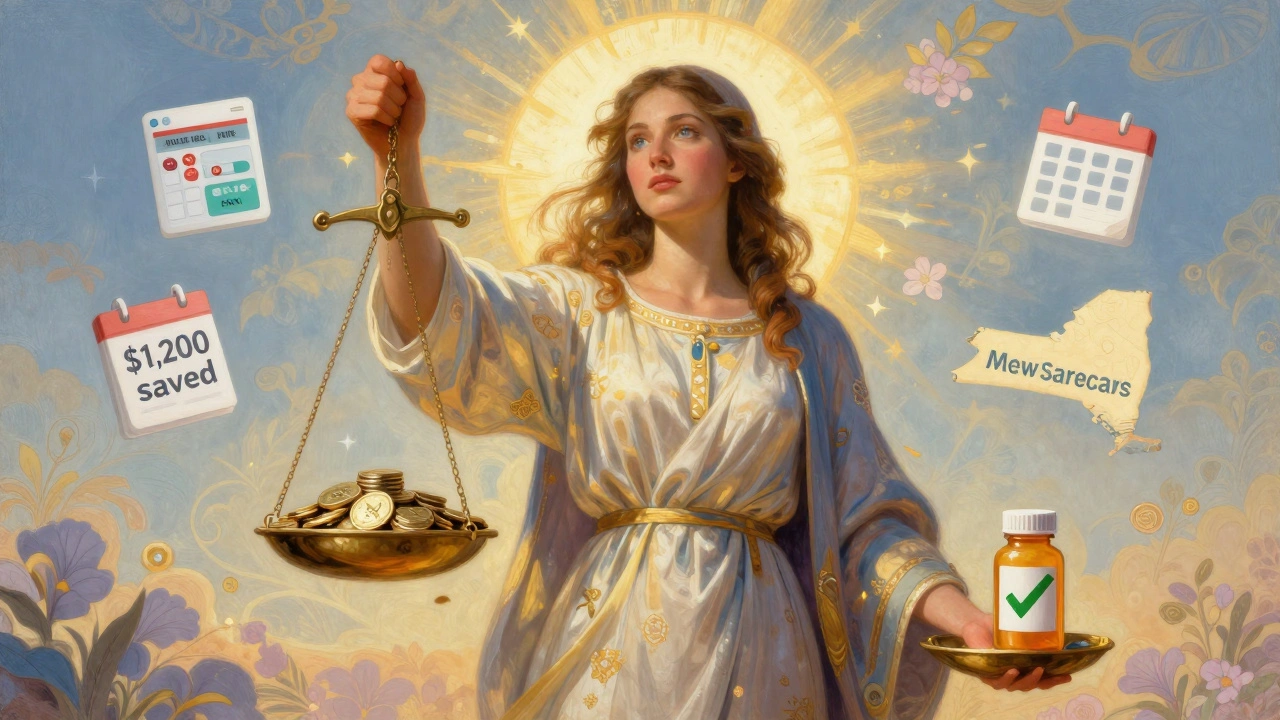 Figura allegorica della risparmio sanitario con bilancia e farmaco, luce alba e motivi floreali.