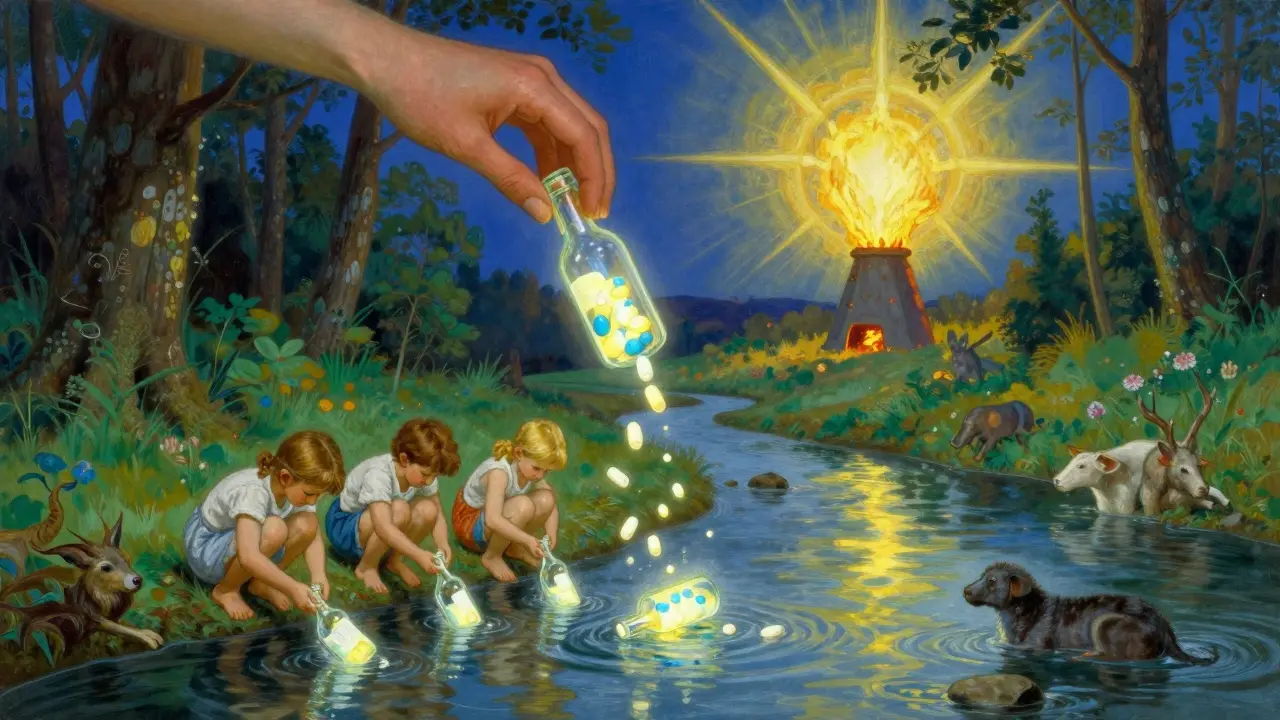 Fiume pulito dove i farmaci si dissolvono in luce, mentre bambini e animali bevono acqua sicura, sotto un cielo dorato.