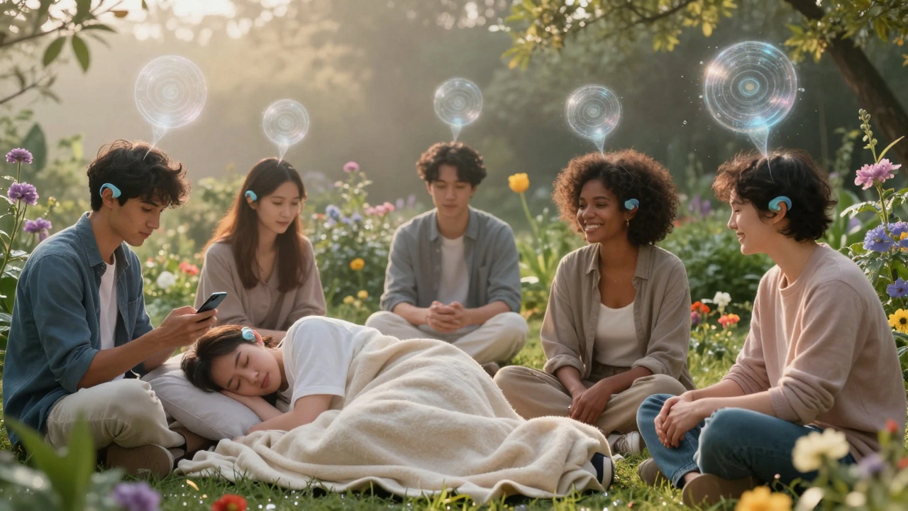 Gruppo di persone in un giardino al mattino con apparecchi acustici che emettono cerchi di suono delicati, simbolo di guarigione.