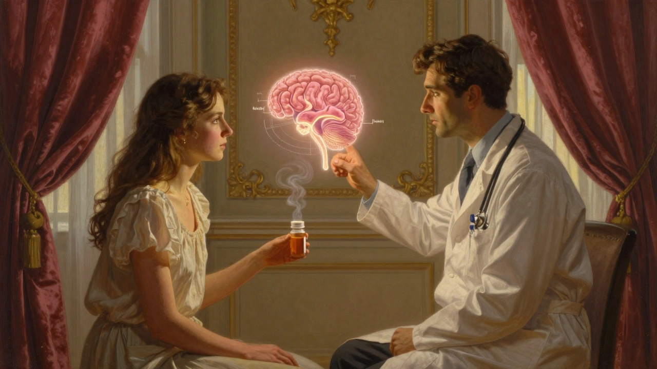 Medico e paziente in un ambiente lussuoso, con un diagramma fluttuante dell&#039;ipotalamo illuminato da luce dorata.