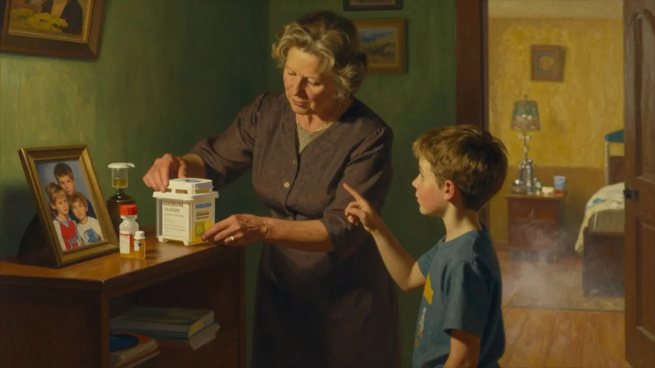 Nonna sistema un dispensatore di farmaci bloccato mentre un bambino guarda da lontano.