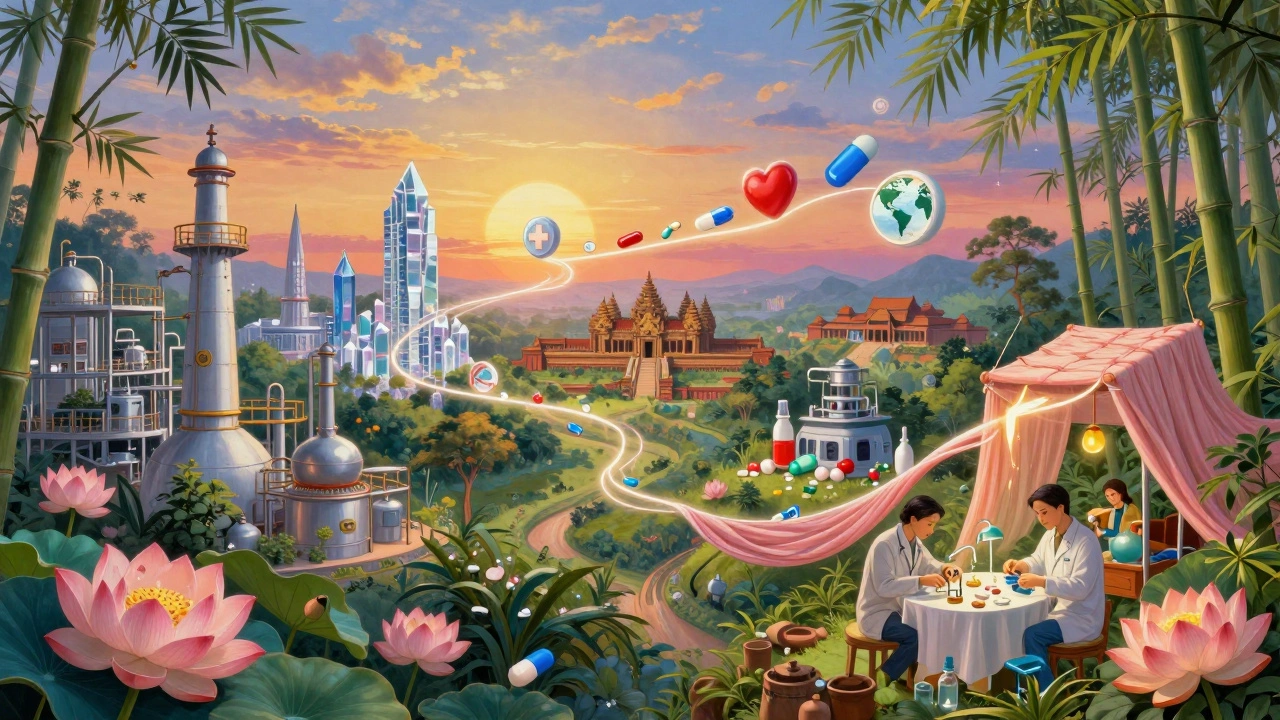 Paesaggio allegorico dell&#039;ecosistema farmaceutico asiatico, con India, Cina, Vietnam e Cambogia collegati da un filo luminoso.