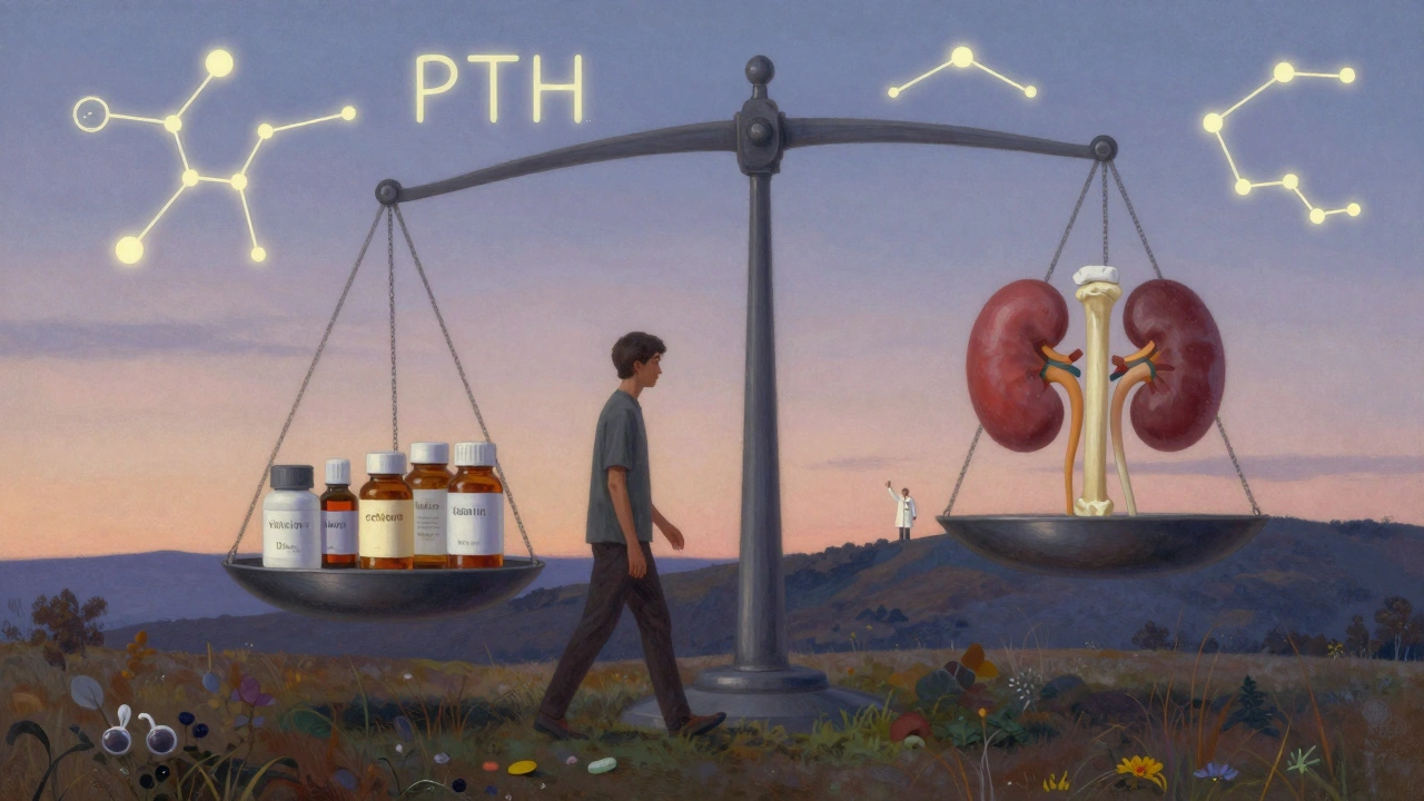 Paziente che cammina su un paesaggio bilanciato tra integratori e salute ossea, sotto un cielo crepuscolare.