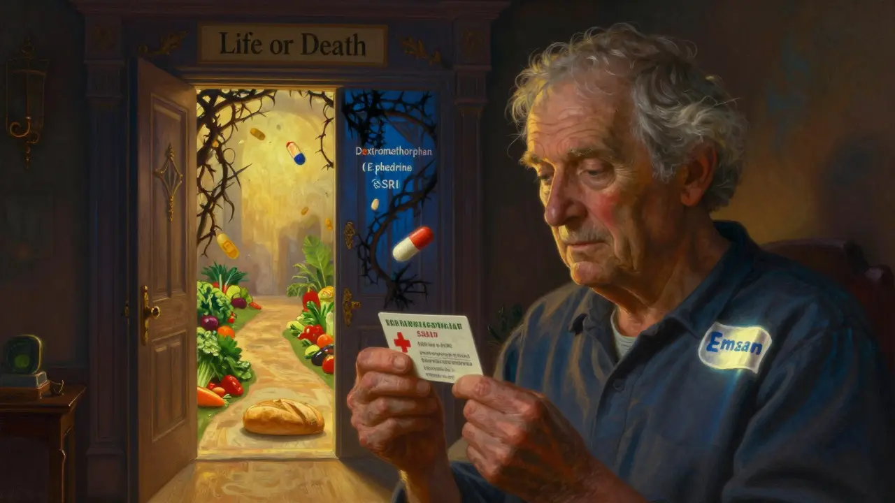 Paziente con tessera d'emergenza davanti a una porta della vita o della morte, in stile Maxfield Parrish.