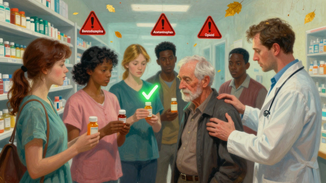 Pazienti in una farmacia ricevono avvisi luminosi sui farmaci, mentre un farmacista li avverte con un gesto compassionevole.