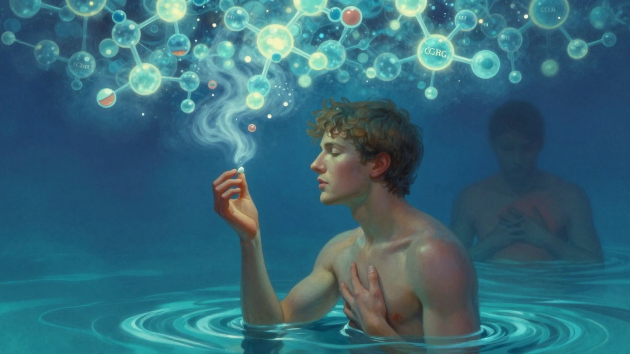 Persona che assume un gepante, circondata da molecole CGRP che si dissolvono in luce blu e verde.