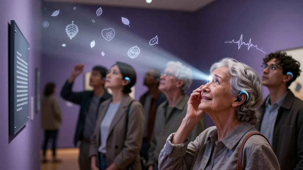 Persone in un museo che ricevono audio tramite Auracast, con raggi di luce che illuminano i loro volti mentre un apparecchio acustico emette segnali sonori invisibili.