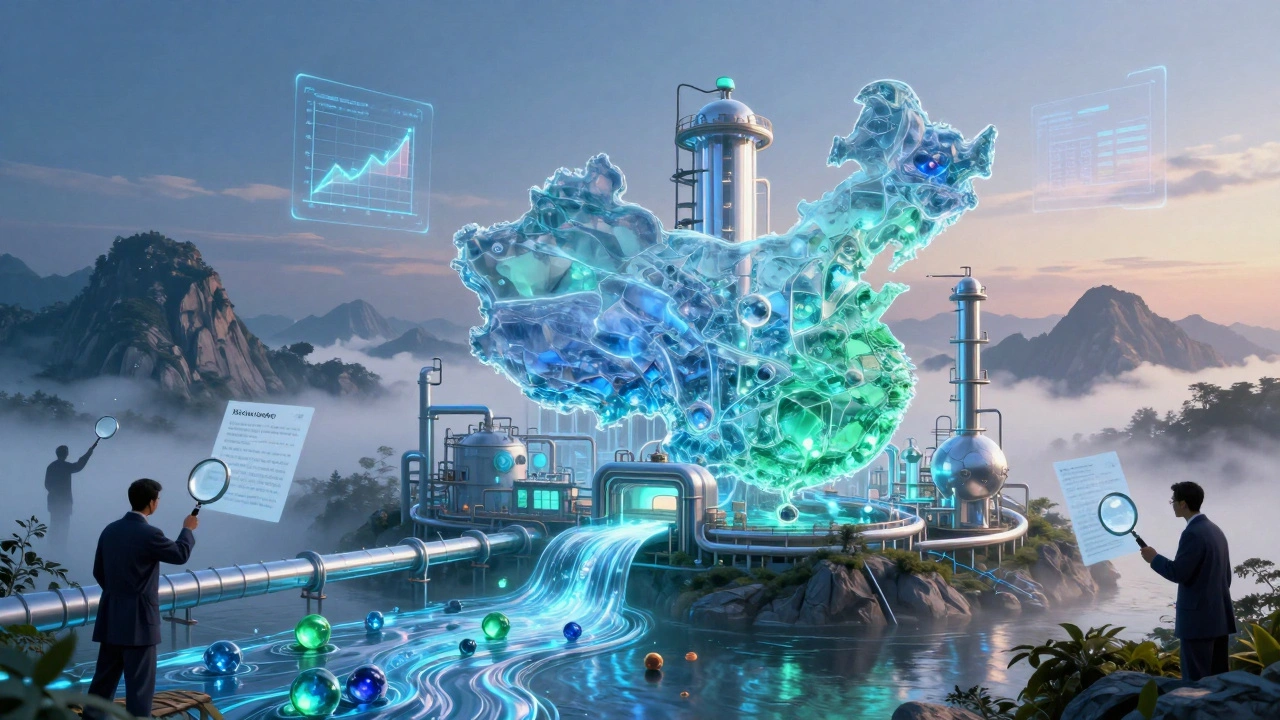 Raffigurazione fantastica della Cina come produttrice di ingredienti farmaceutici, con torri cristalline e fiumi di sostanze attive che brillano.