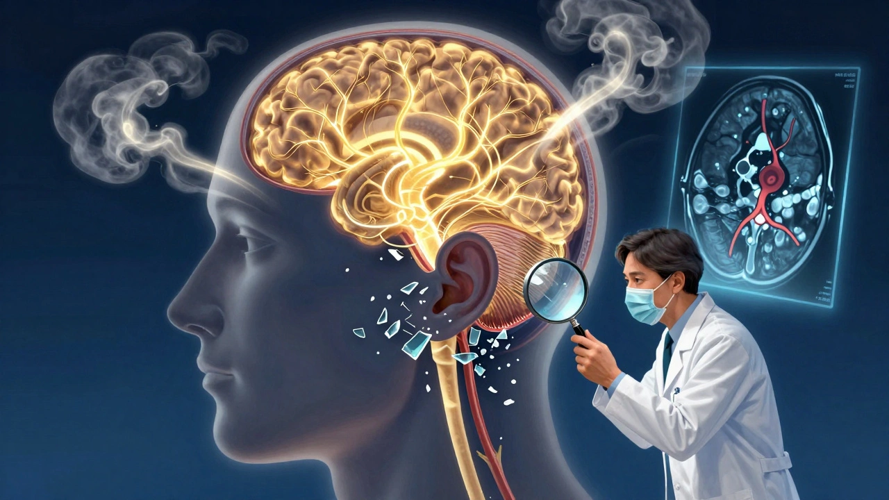 Sezione del cervello con attività neurale dorata e orecchio interno danneggiato, visualizzato come un&#039;illustrazione medica luminosa.