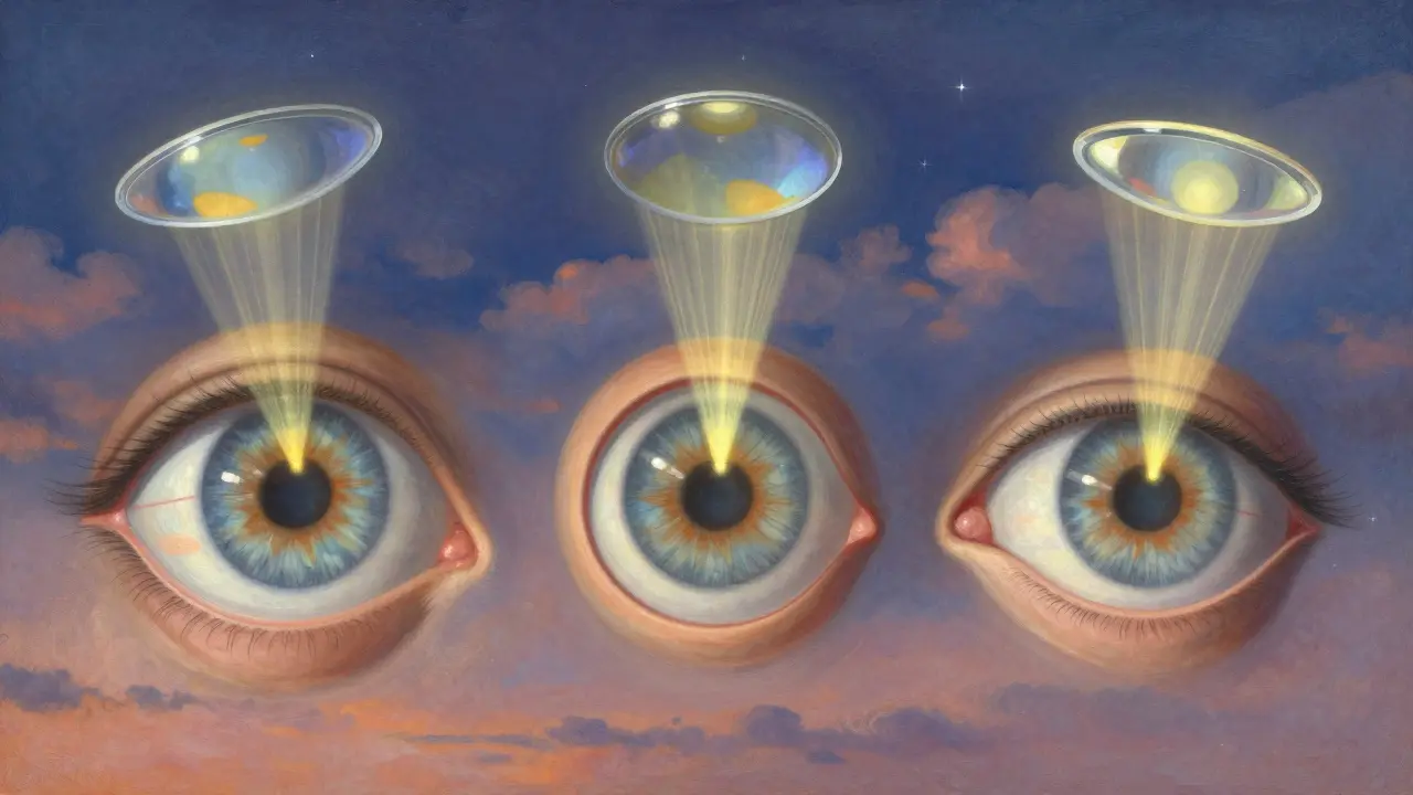 Tre occhi anatomici con diversi difetti refrattivi e lenti correttive che fluttuano in luce dorata.