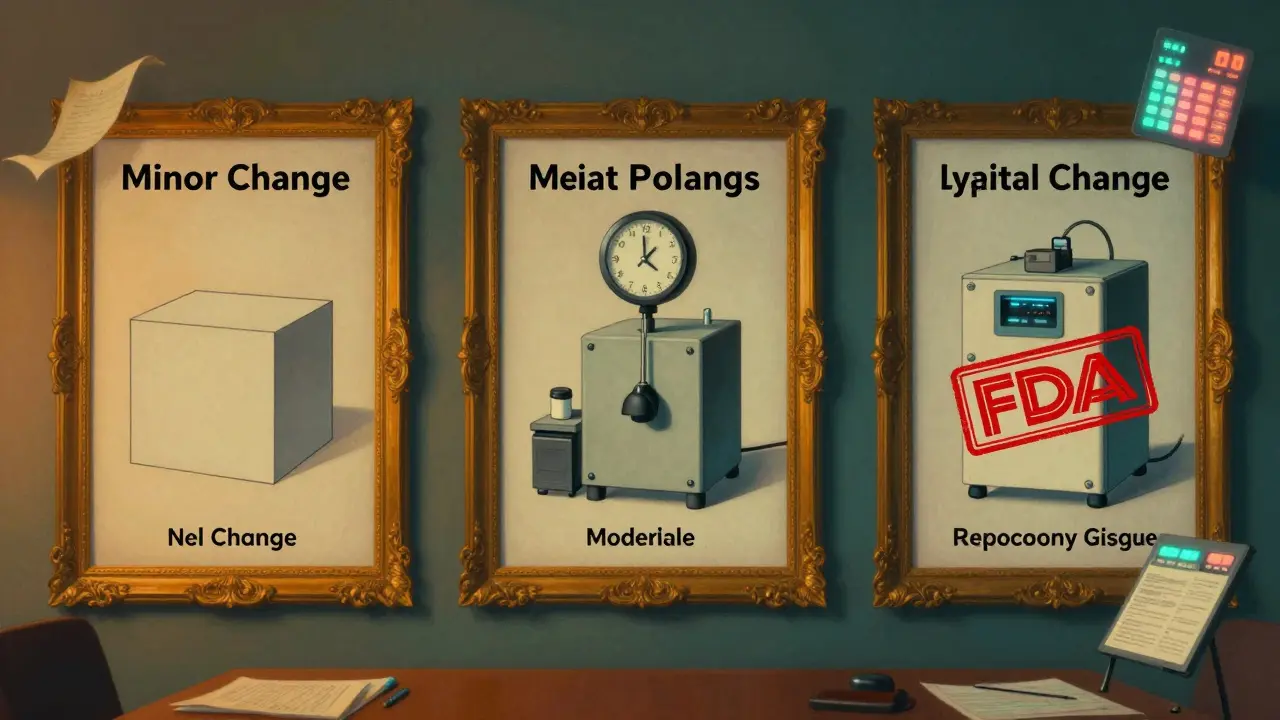 Tre pannelli che mostrano cambiamenti regolatori farmaceutici con orologi e segni di rischio, in stile luminoso e dettagliato.