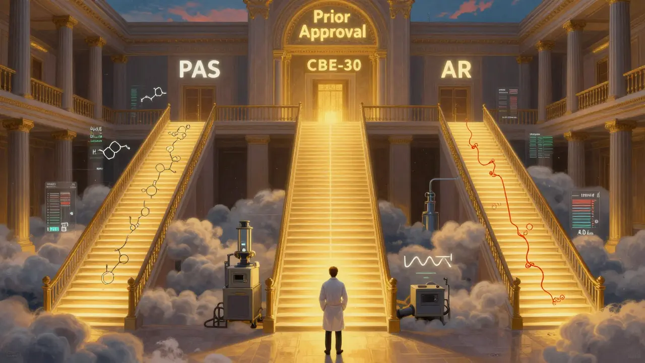 Tre sentieri luminosi rappresentano le vie di approvazione FDA, con un figura che esita davanti al percorso più complesso.