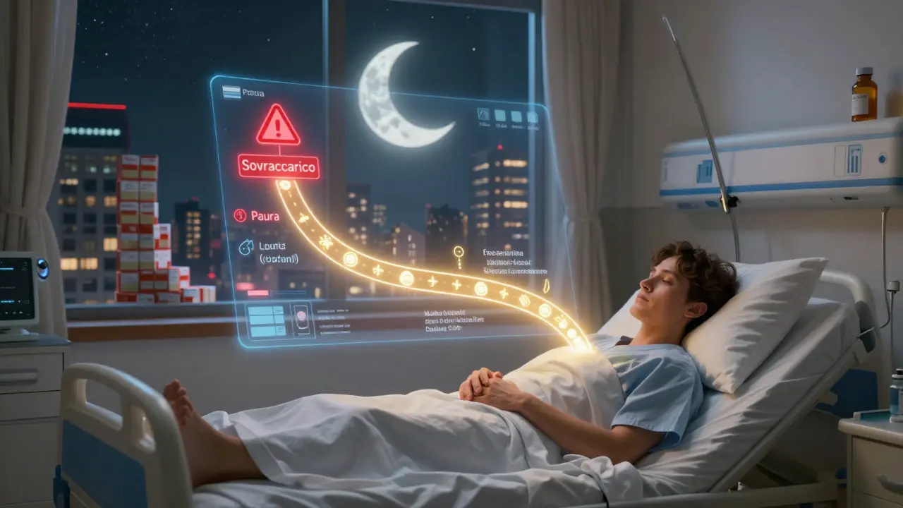Un'interfaccia AI proietta percorsi di luce sopra un paziente addormentato, mostrando paure e soluzioni come sentieri luminosi in un ambiente onirico.