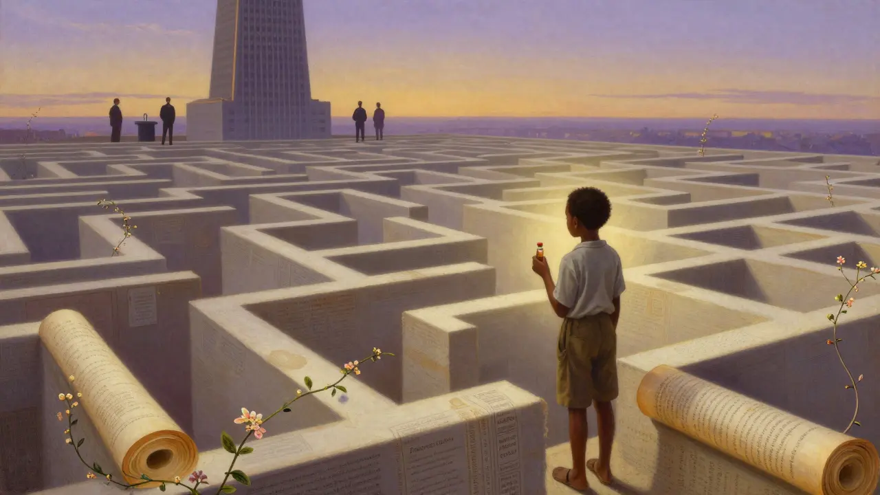 Un bambino africano di fronte a un labirinto legale di brevetti, con luci calde che illuminano la sua speranza.