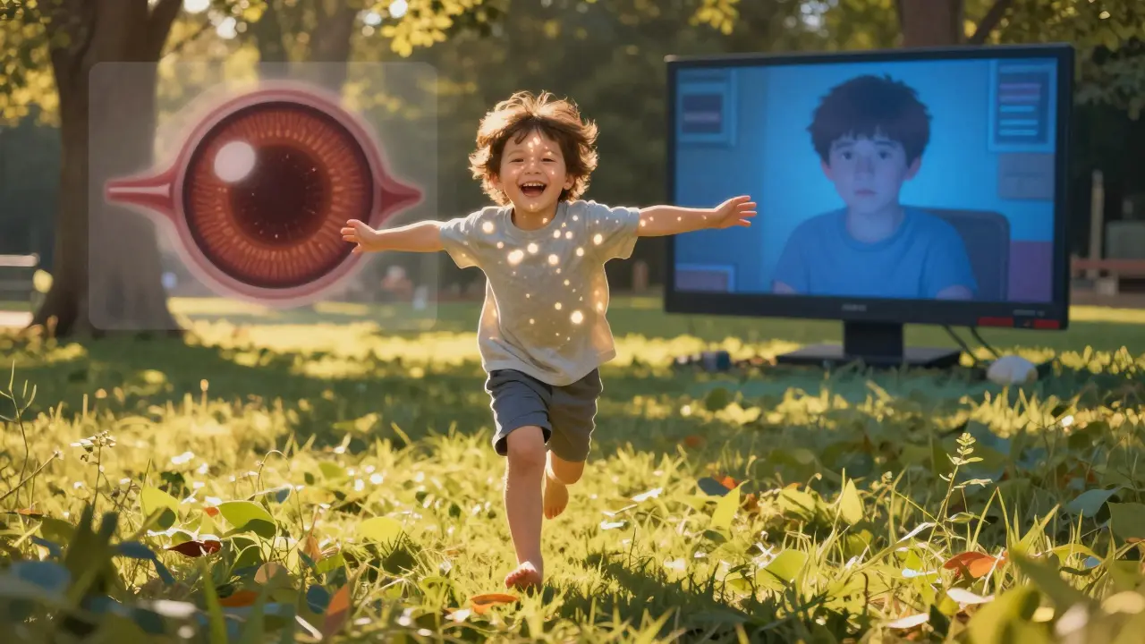 Un bambino che corre in un parco al tramonto, con un’immagine trasparente della retina sana che brilla.